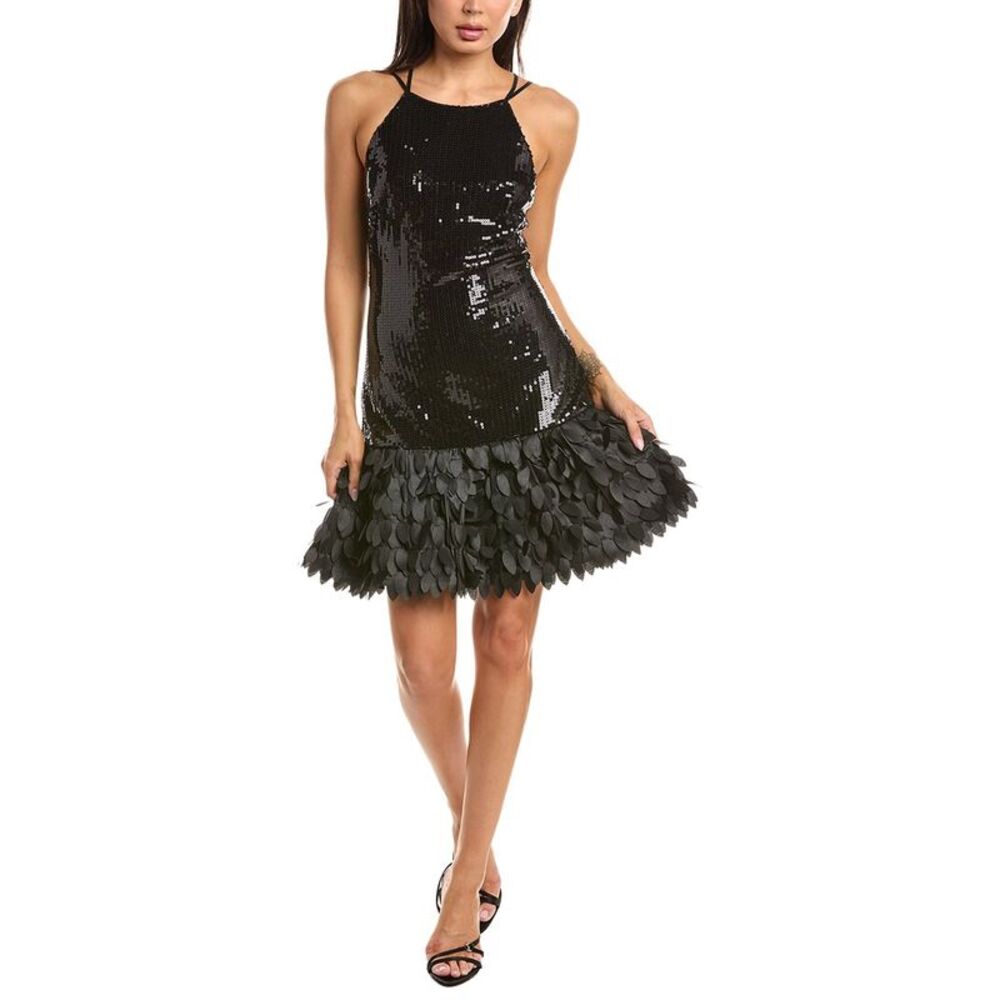 Tadashi Shoji Womens  Leni Sequin Petal Hem Mini Dress, Black